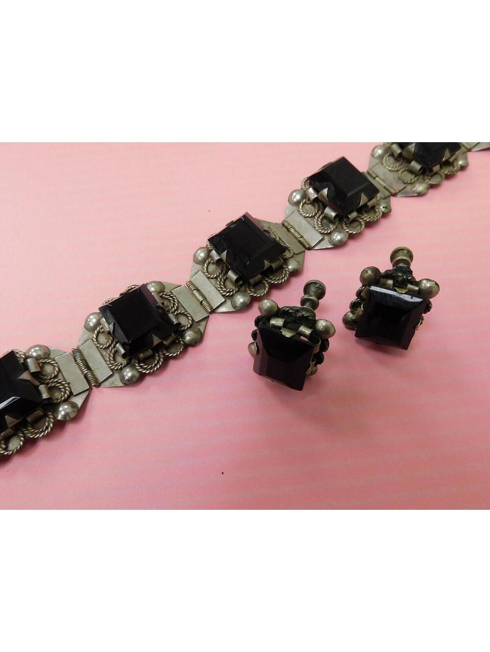 Vintage Black Onyx Bracelet MEXICO with Black Earrings Silver